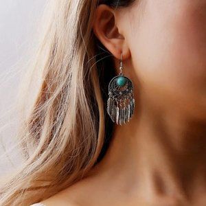 Bohemian Dream Catcher Feather Tassel Aged Silver Turquoise Hook Earrings NEW